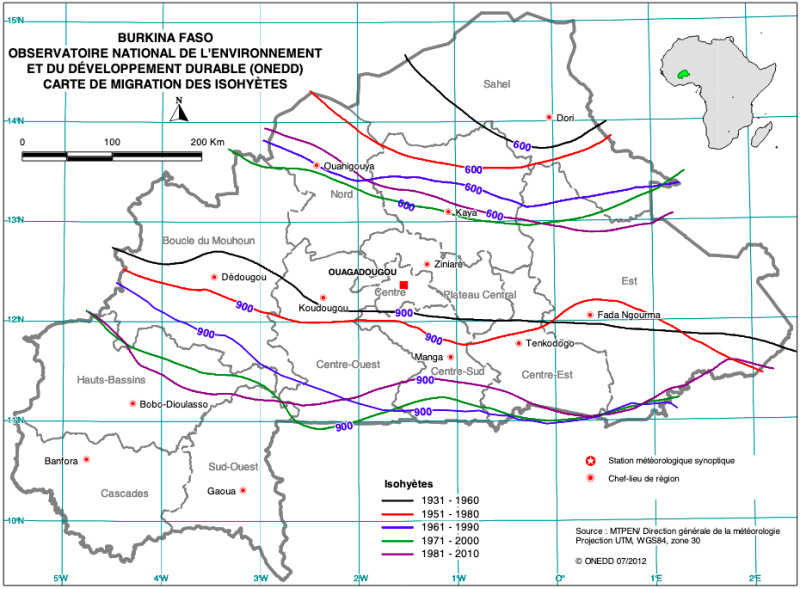 Carte des migrations des isohyètes au Burkina Faso
